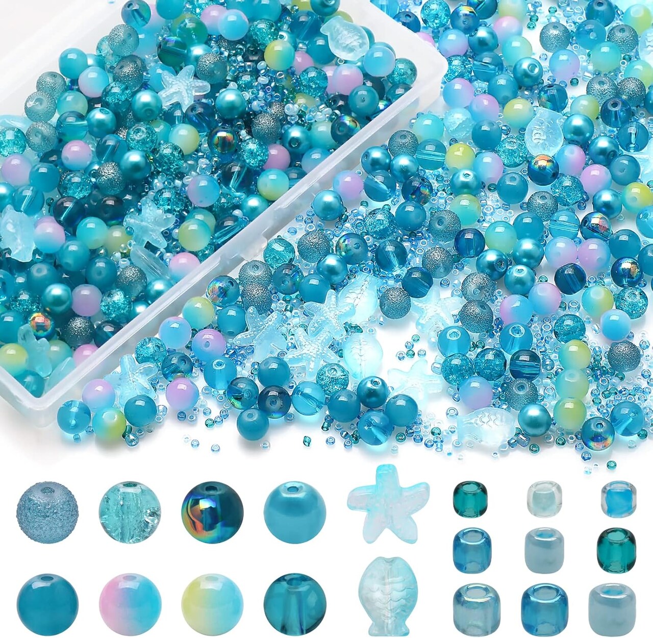 Versatile Glass Beads for Bracelet Making, 240pcs Colorful 8MM Assorted Beads with Star and Seed Varieties, Lake Blue Crystal